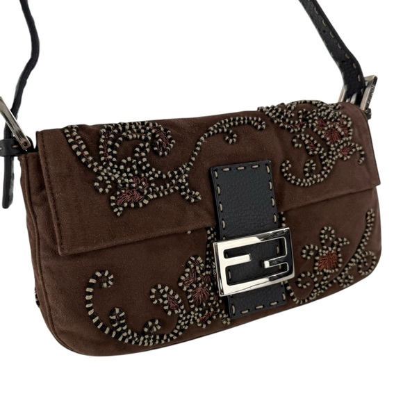 Fendi Embroidered Suede Baguette Shoulder Bag - Picture 2 of 9
